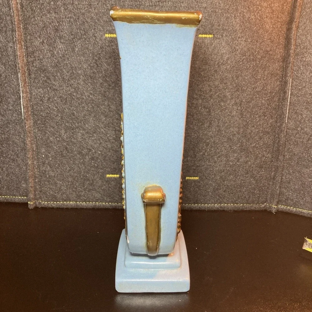 Vintage 1950 Hand Painted Blue Pottery Vase Floral Wheat Motif Mid Century Decor